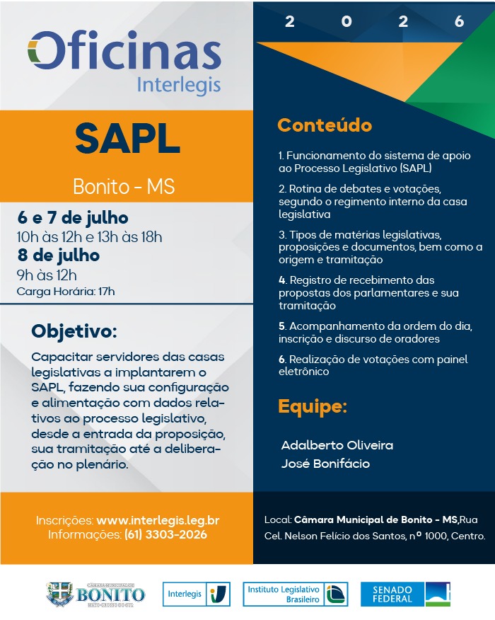 Câmara Municipal participará de Oficinas do SAPL e Portal Modelo promovidas pelo Interlegis Câmara Municipal participará de Oficinas do SAPL e Portal Modelo promovidas pelo Interlegis