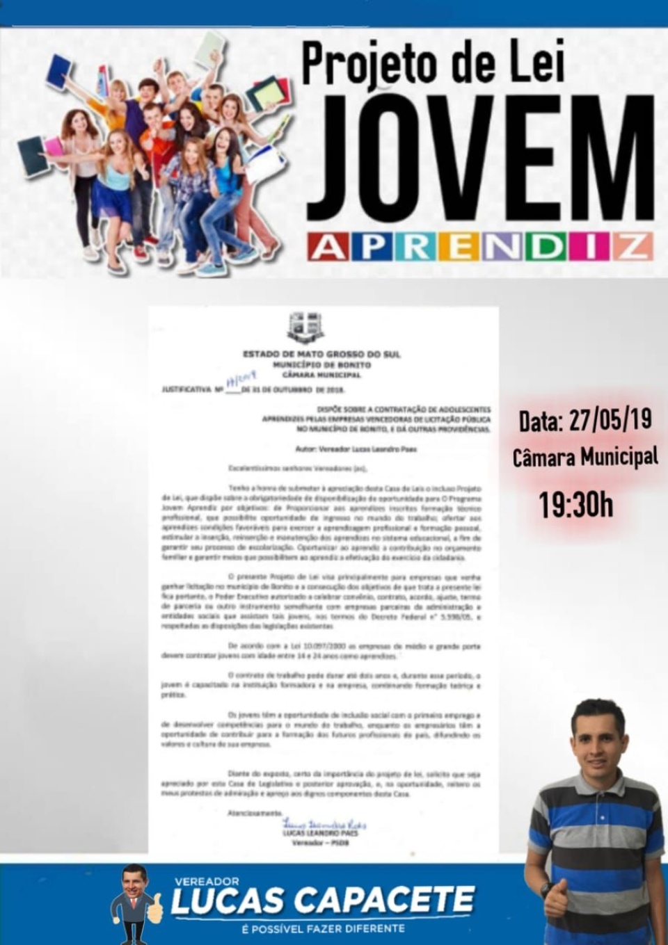 Vereador convida população bonitense para a primeira votação do projeto jovem aprendiz, na segunda-feira.