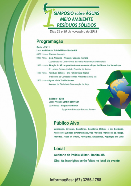 1º Simpósio de Águas, Meio Ambiente e Resíduos Sólidos Correção do local: Anfiteatro do Campus de Bonito Universidade Federal de Mato Grosso do Sul – UFMS Cidade Universitária, Rodovia Bonito / Três Morros, KM 0, Zona Rural